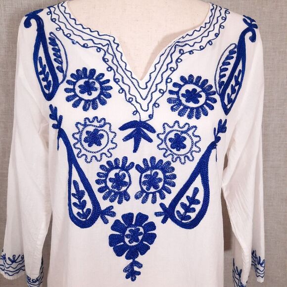 Sita Women's Floral Embroidered Tunic Size Small White 100% Cotton 3/4 Sleeve - Picture 4 of 13